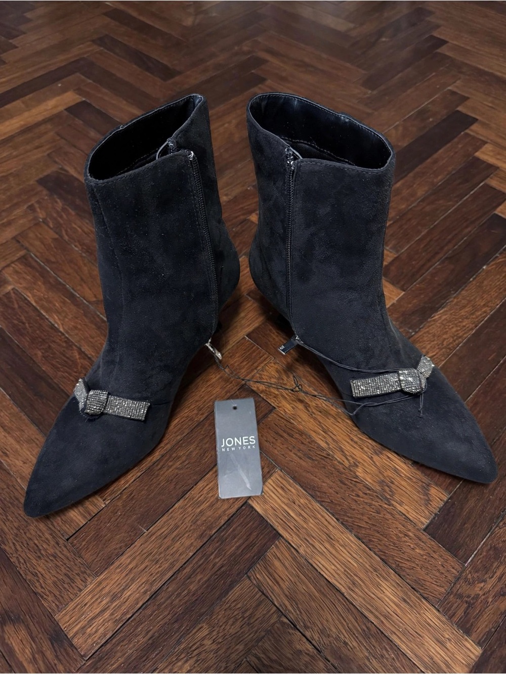 Jones New York Black Suede Pointed Toe Ankle Booties with Crystal Bow Accent